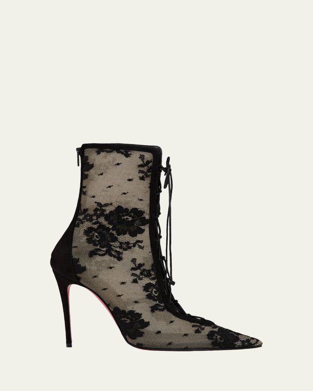 Floral Mesh Red Sole Lace-Up Booties